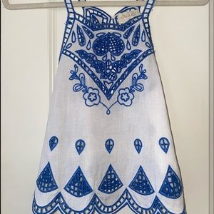 London Rose White and blue embroidered tank top.